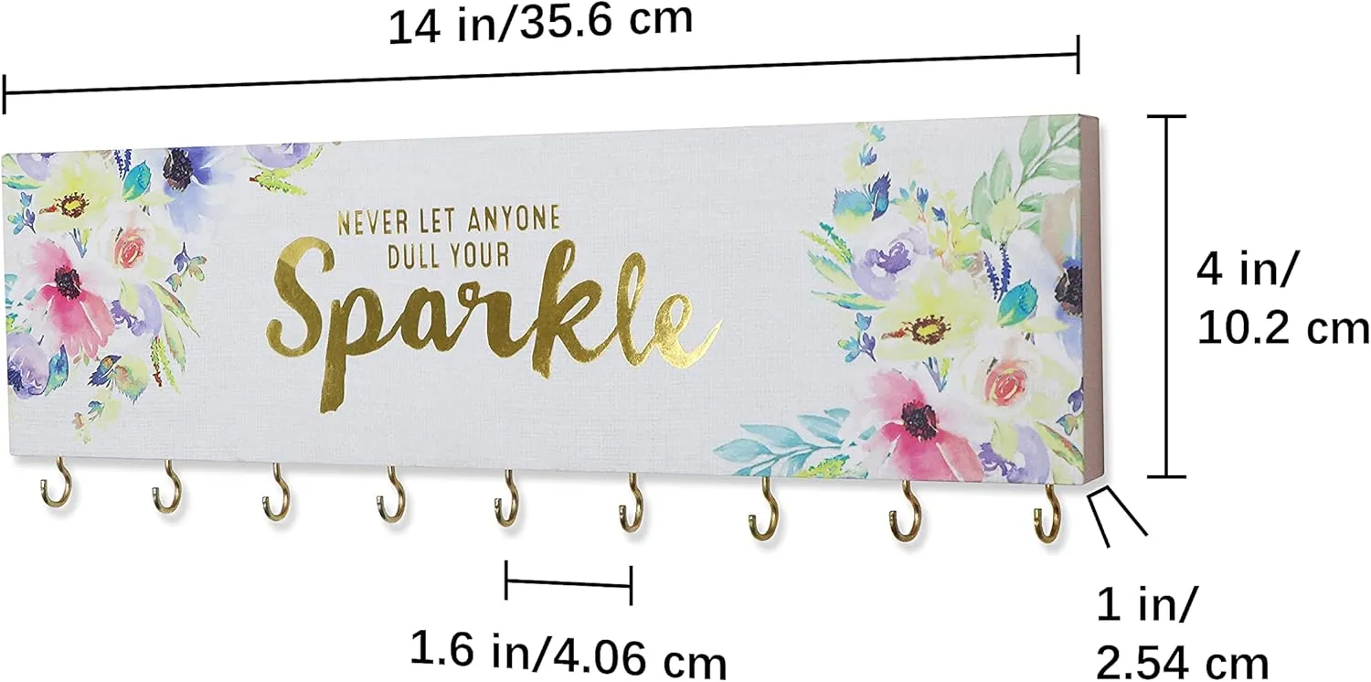 SANY DAYO HOME Never Let Along Dull Your Sparkle Wall Mount Necklace Holder Organizer with 9 Jewelry Hooks for Ring, Hair Bow, Headband, Purse - Wall Decor for Girls Room