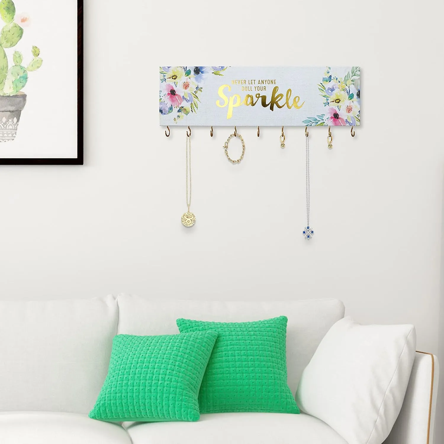 SANY DAYO HOME Never Let Along Dull Your Sparkle Wall Mount Necklace Holder Organizer with 9 Jewelry Hooks for Ring, Hair Bow, Headband, Purse - Wall Decor for Girls Room