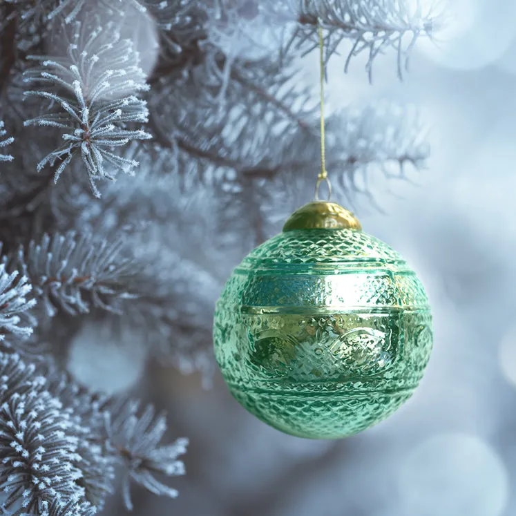Set of 4 Crystal Light Blue Mercury Glass Ornaments (3.15 Inch Elegant Etched Ball) - Perfect for Christmas Tree, Hanging Holiday Decoration, Gifts & Home Decor