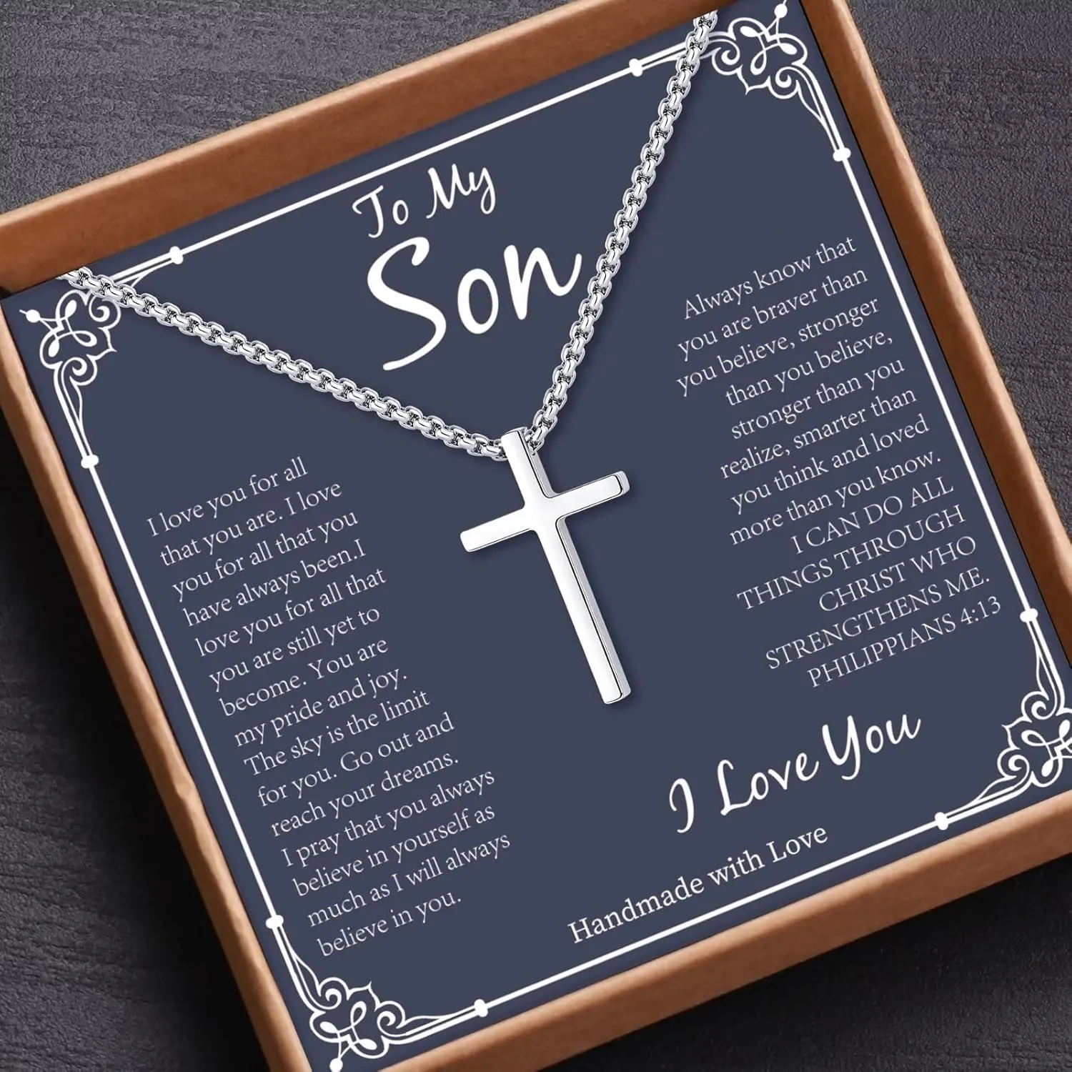 Son Gifts: Silver/Black Cross Necklace Cuban Chain for Him - Fathers Day, Christmas, Baptism, Birthday Gifts