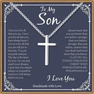 Son Gifts: Silver/Black Cross Necklace Cuban Chain for Him - Fathers Day, Christmas, Baptism, Birthday Gifts