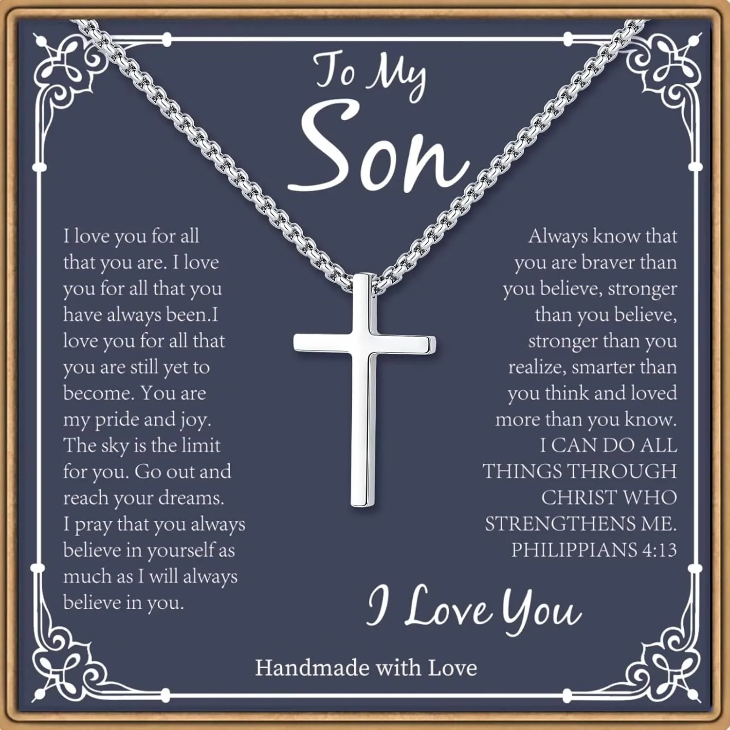 Son Gifts: Silver/Black Cross Necklace Cuban Chain for Him - Fathers Day, Christmas, Baptism, Birthday Gifts