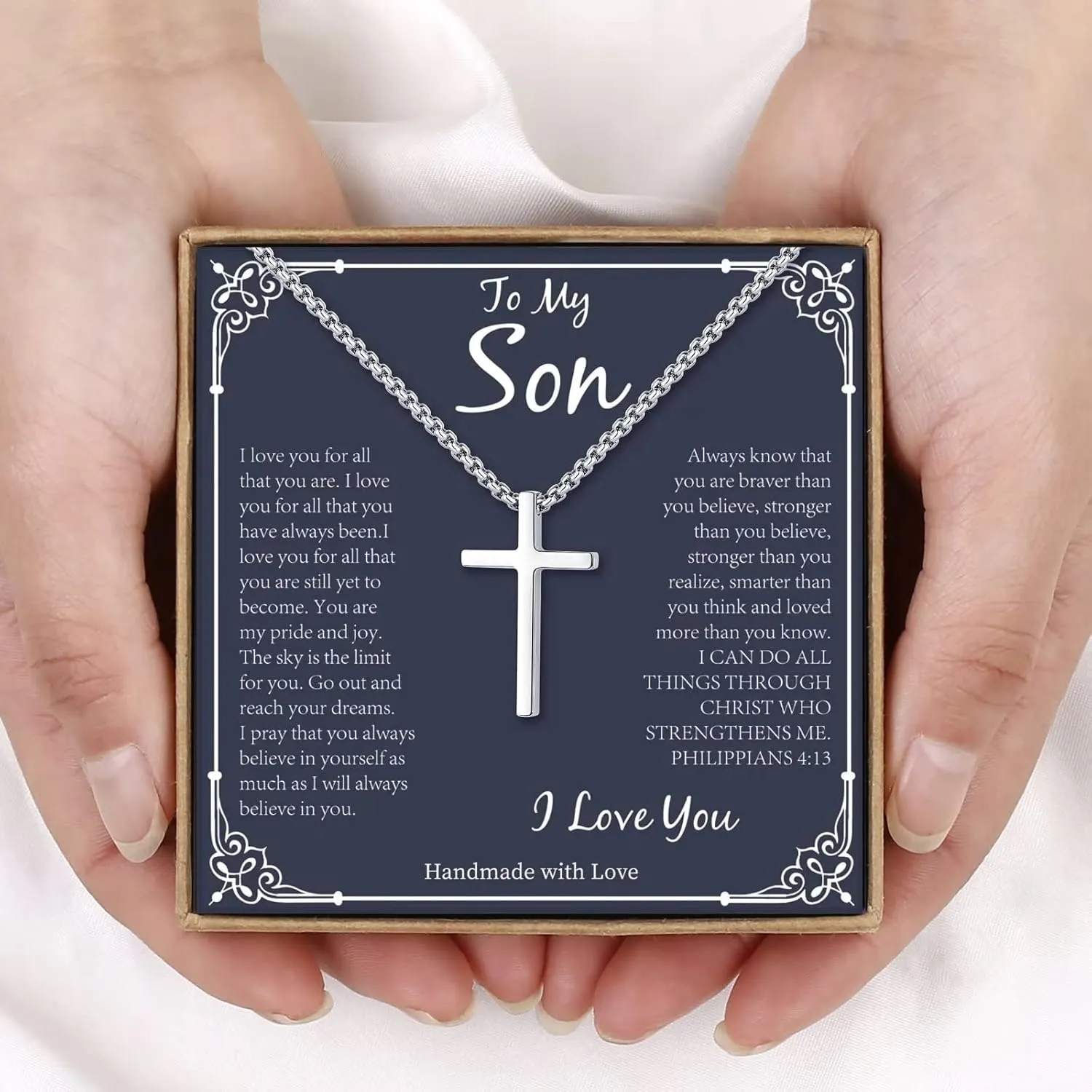 Son Gifts: Silver/Black Cross Necklace Cuban Chain for Him - Fathers Day, Christmas, Baptism, Birthday Gifts