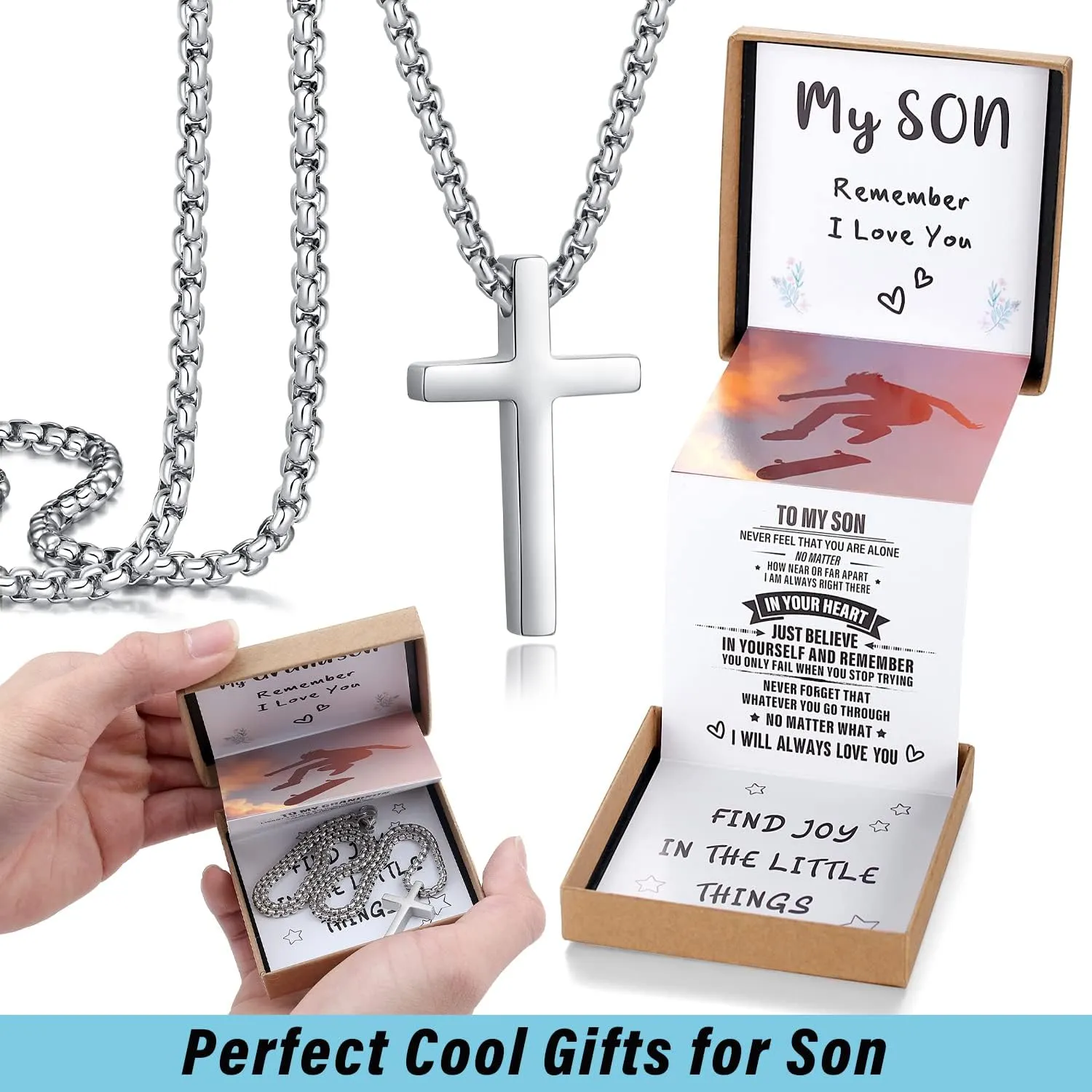 Unique Cross Necklace Gifts with Pull Out Gift Box for Son/Grandson/Dad/Love on Graduation/Father's Day/Birthday-Black/Silver(Various Sizes)