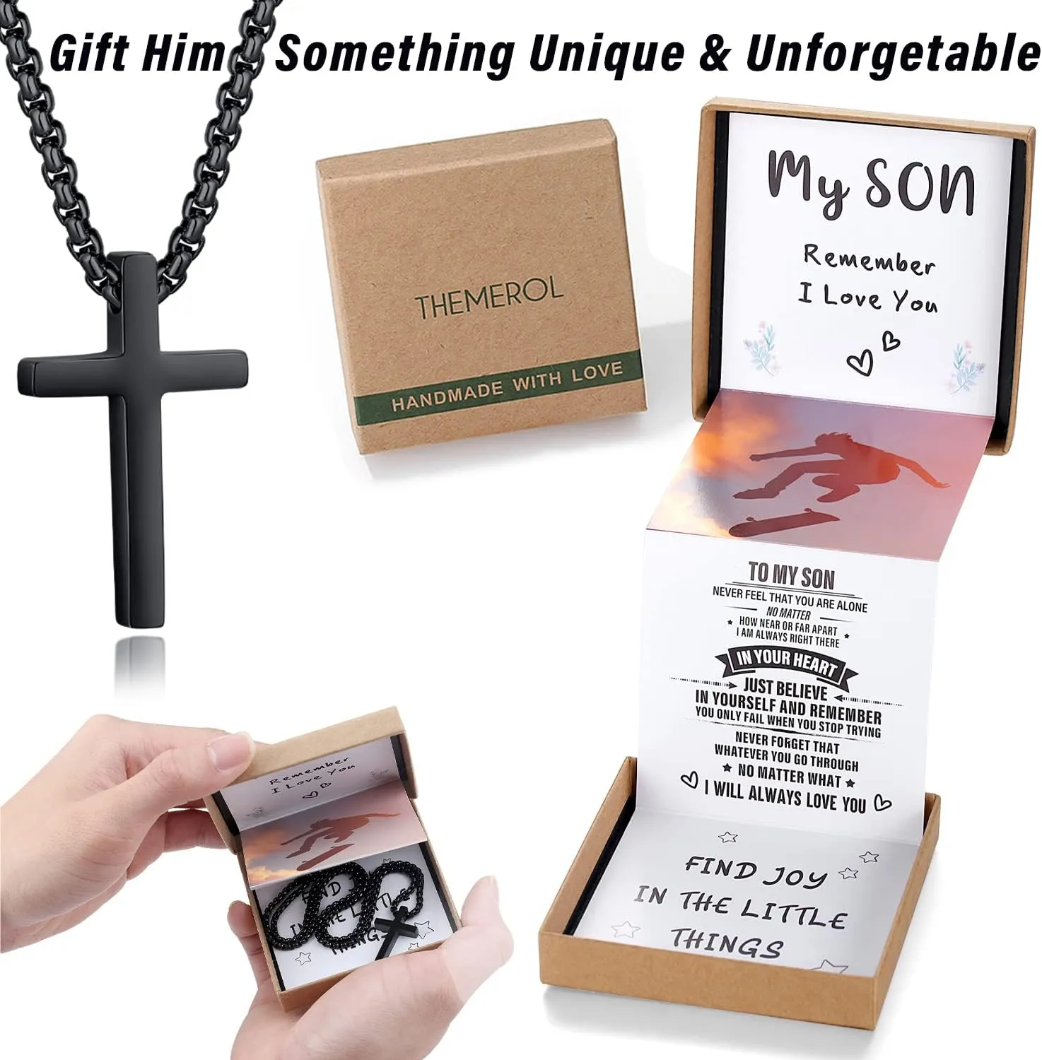 Unique Cross Necklace Gifts with Pull Out Gift Box for Son/Grandson/Dad/Love on Graduation/Father's Day/Birthday-Black/Silver(Various Sizes)