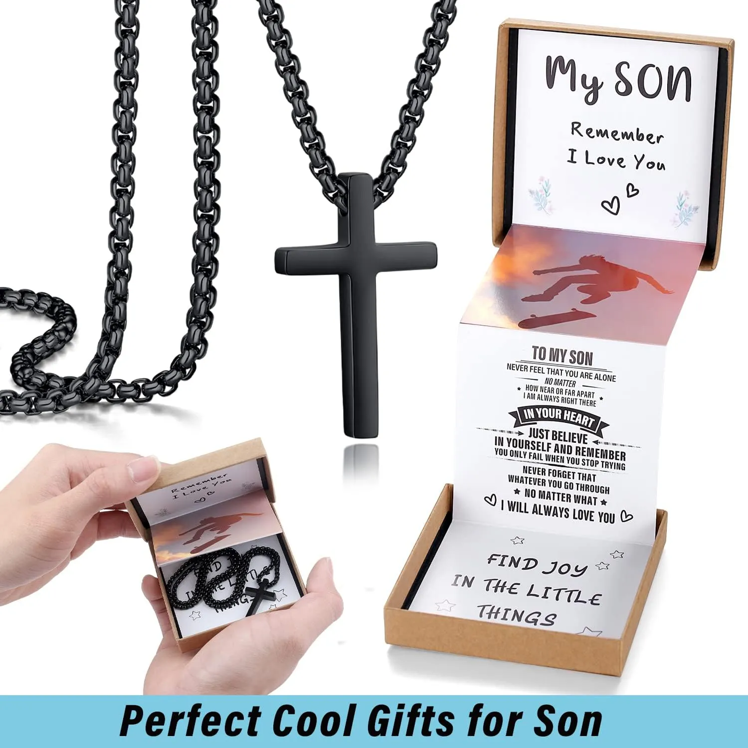 Unique Cross Necklace Gifts with Pull Out Gift Box for Son/Grandson/Dad/Love on Graduation/Father's Day/Birthday-Black/Silver(Various Sizes)