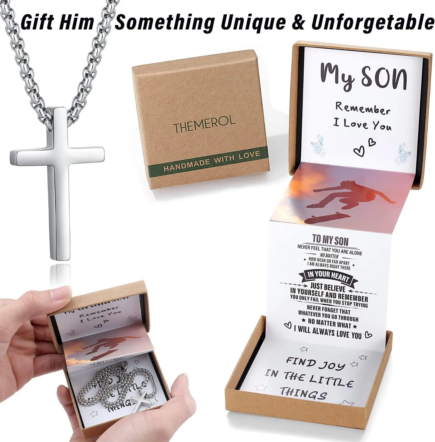 Unique Cross Necklace Gifts with Pull Out Gift Box for Son/Grandson/Dad/Love on Graduation/Father's Day/Birthday-Black/Silver(Various Sizes)