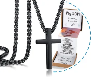 Unique Cross Necklace Gifts with Pull Out Gift Box for Son/Grandson/Dad/Love on Graduation/Father's Day/Birthday-Black/Silver(Various Sizes)