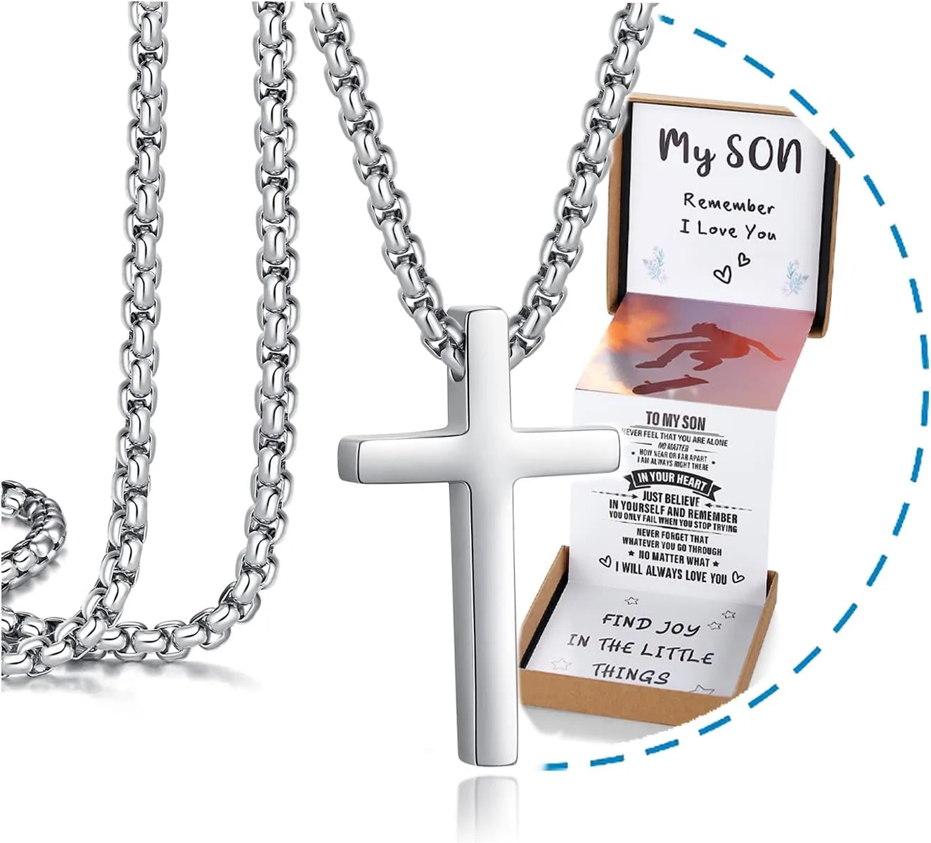 Unique Cross Necklace Gifts with Pull Out Gift Box for Son/Grandson/Dad/Love on Graduation/Father's Day/Birthday-Black/Silver(Various Sizes)
