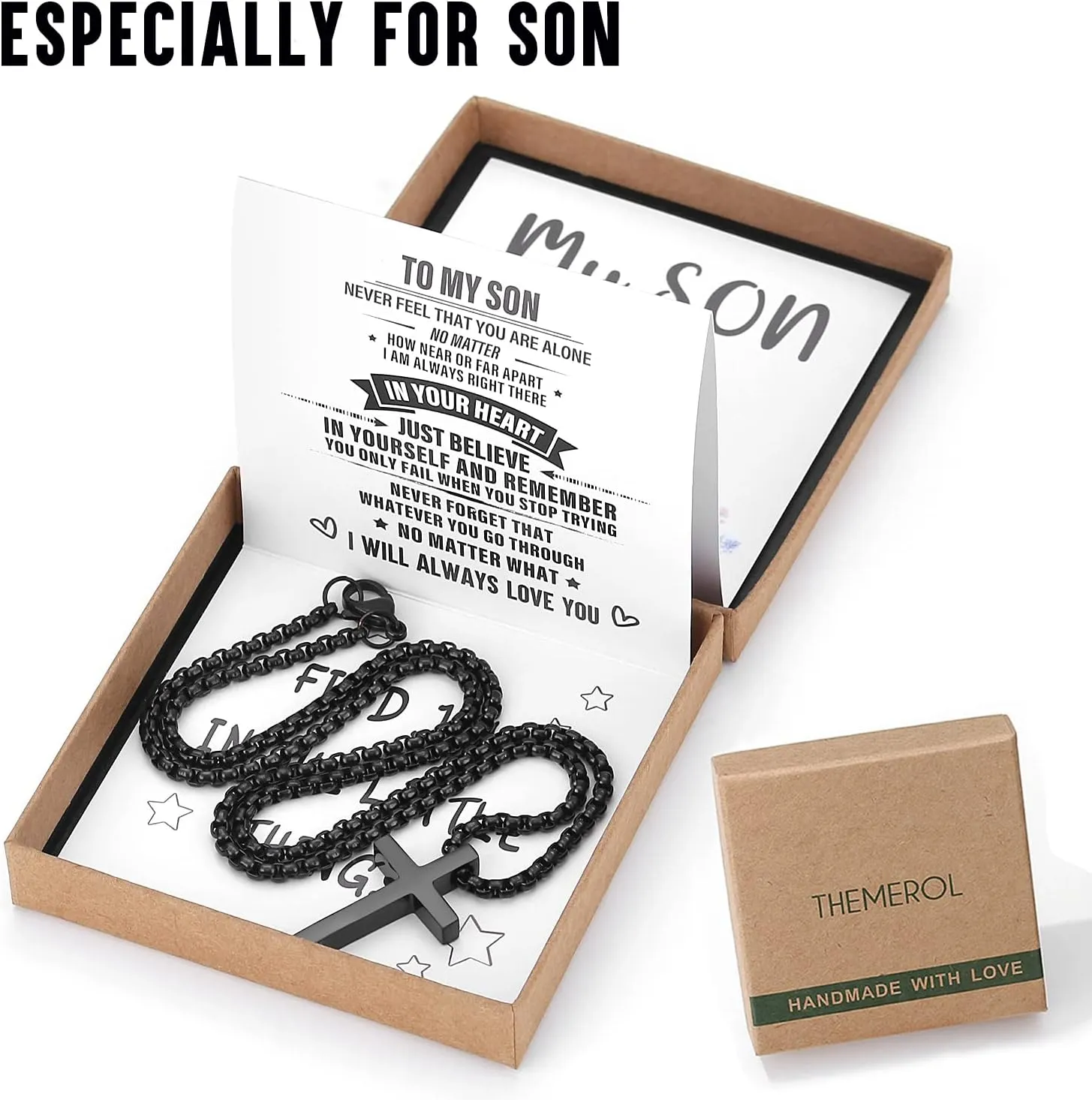 Unique Cross Necklace Gifts with Pull Out Gift Box for Son/Grandson/Dad/Love on Graduation/Father's Day/Birthday-Black/Silver(Various Sizes)
