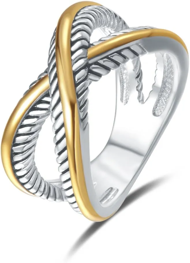 UNY Ring Vintage Designer Fashion Brand Women Valentine Gift Two Tone Plating Twisted Cable Wire Rings